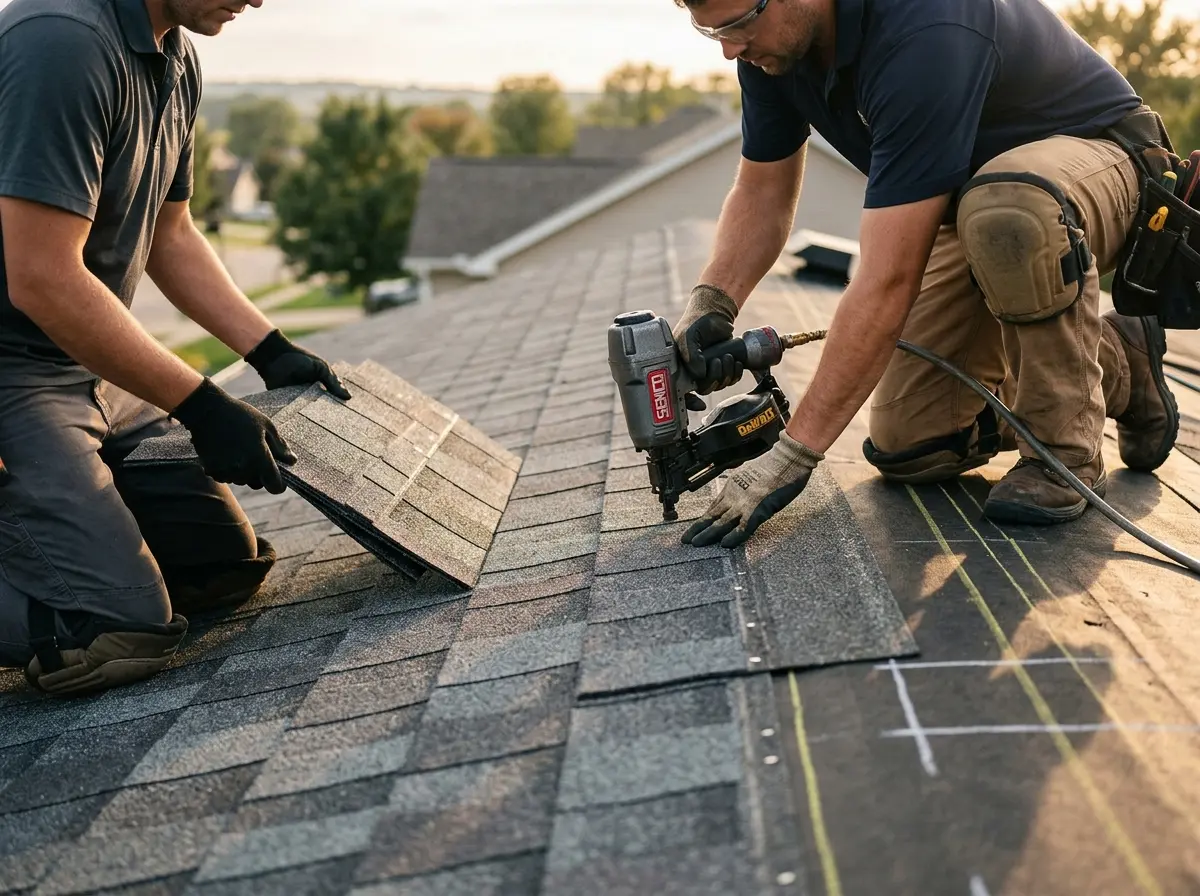 Professional roofer working on a residential roof in Plattsburgh